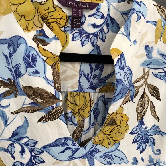 LONG TALL SALLY Long-Sleeve V-Neck White mustard Blue Fall autumn Floral 14T 14 - Picture 2 of 8